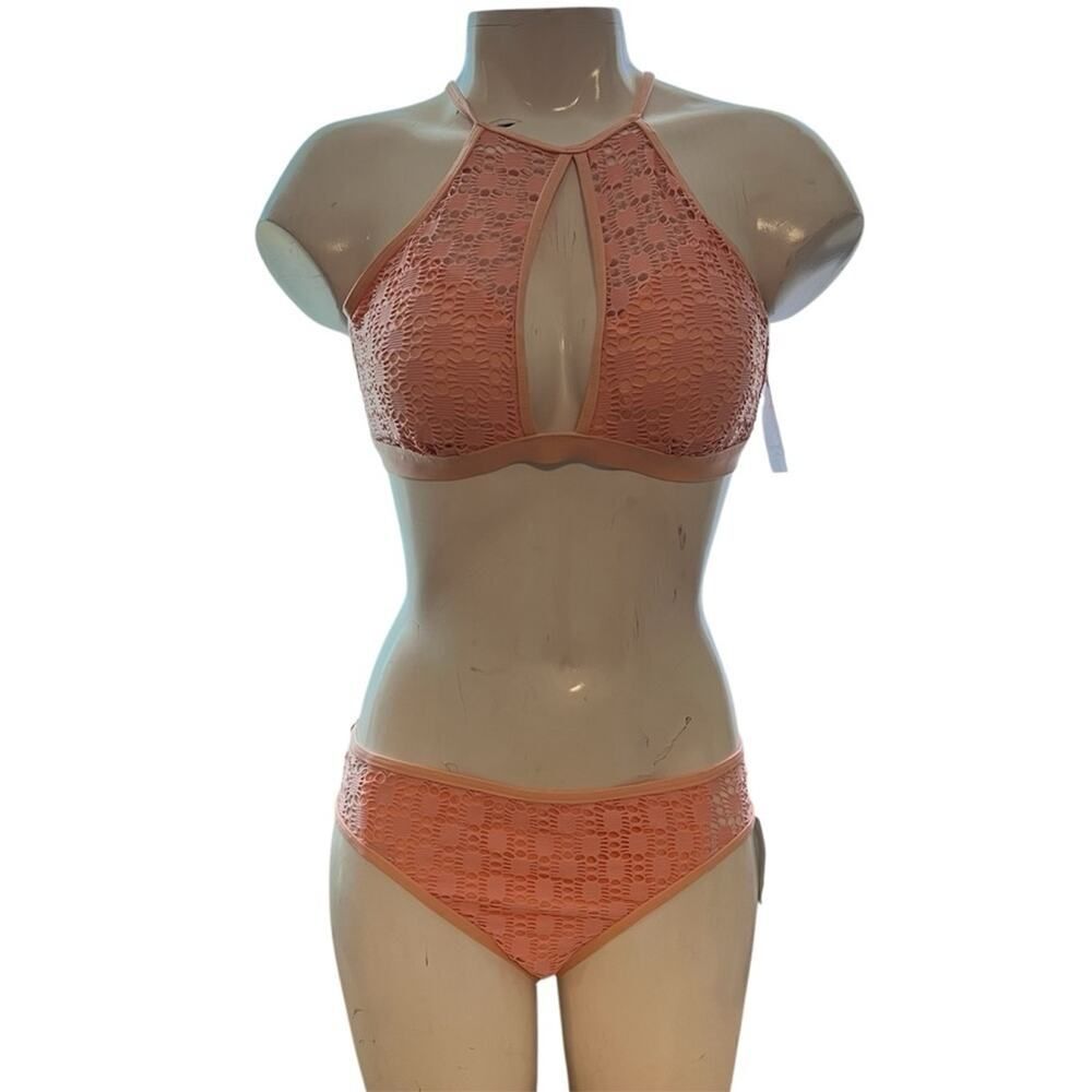 NEW Kenneth Cole Women's Two Piece Bikini Size Small Peach Crochet Keyhole